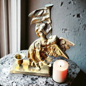 Vintage Solid Brass Angel with Horn Candlestick Holder 8" Tall - Religious Decor